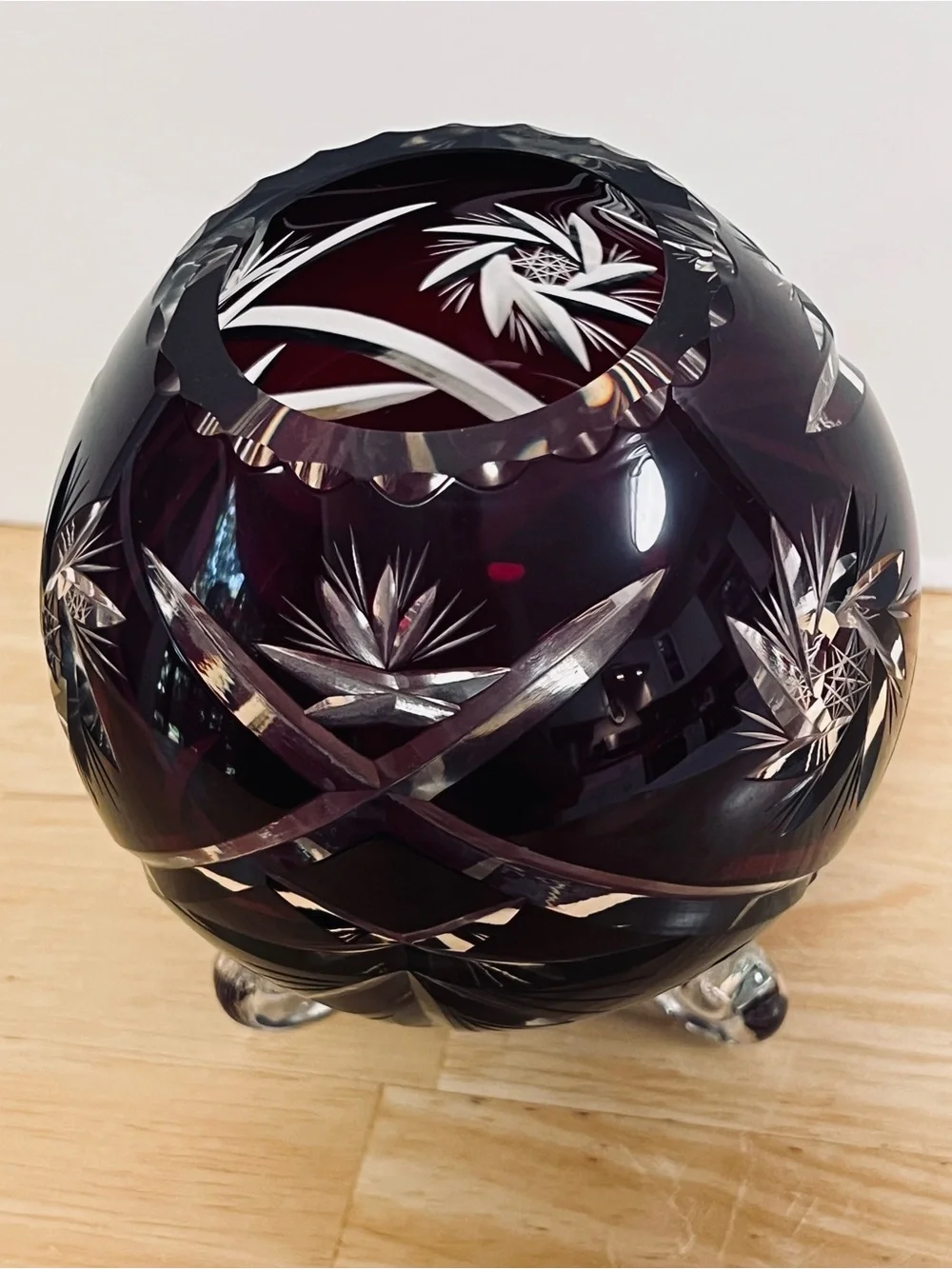 Vintage Bohemian Czech Cranberry Cut To Clear Crystal Rose Bowl Vase 5”